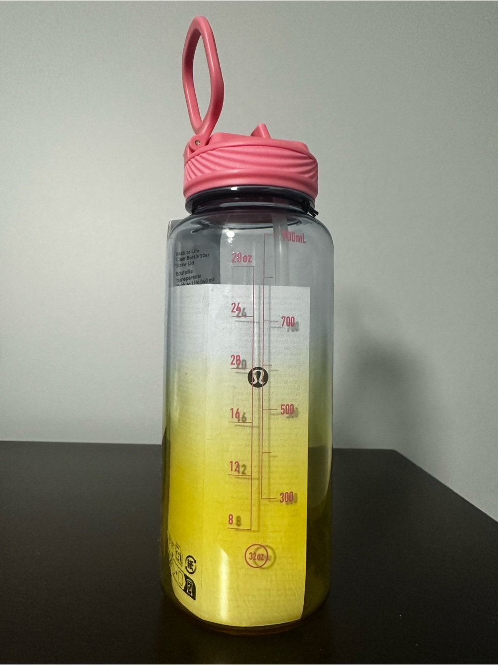 Lululemon Back to Life Clear 32oz Bottle w/ Straw Lid BPA Free Pink & Yellow NWT - Picture 5 of 7